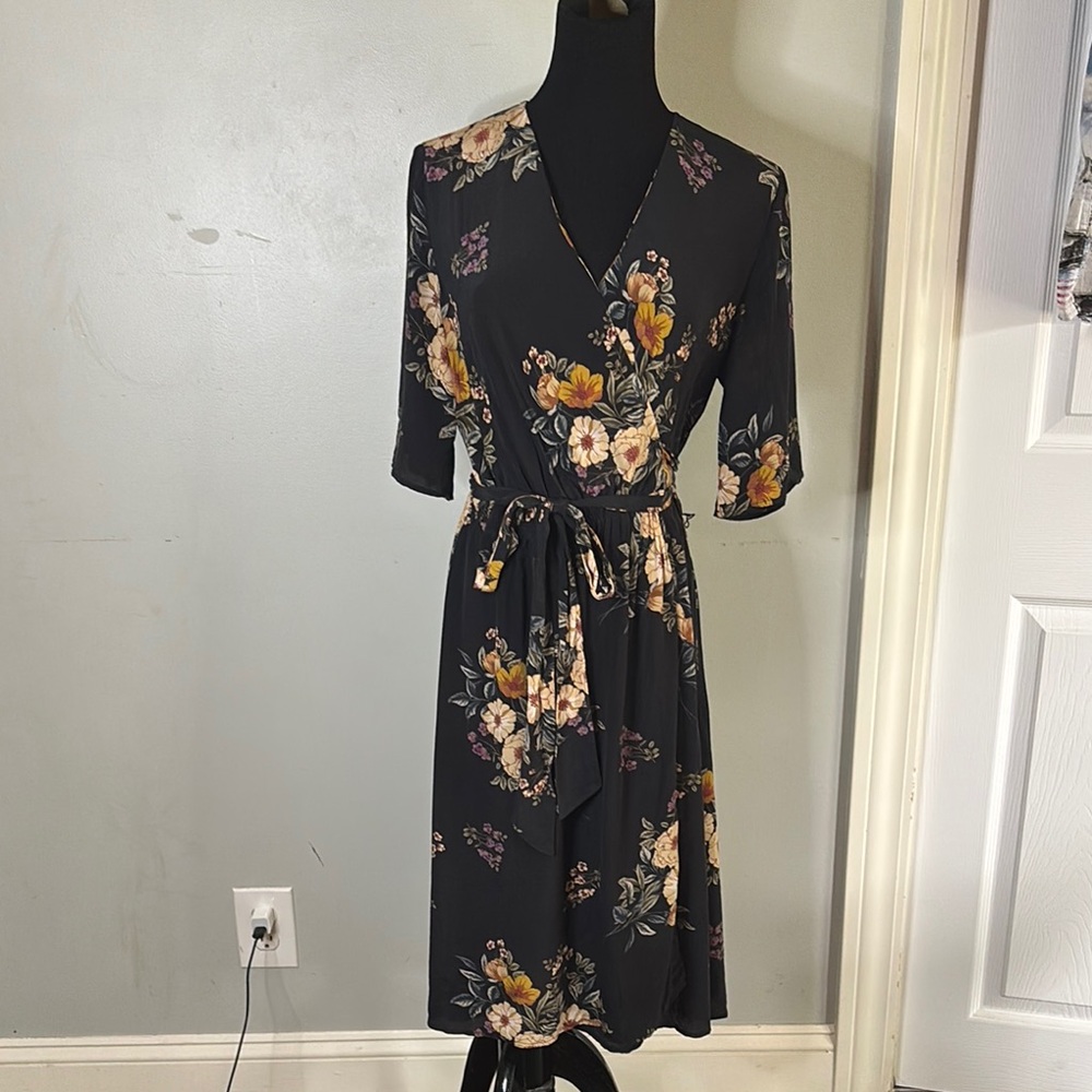 Amour Vert Black Floral Silk Wrap Dress